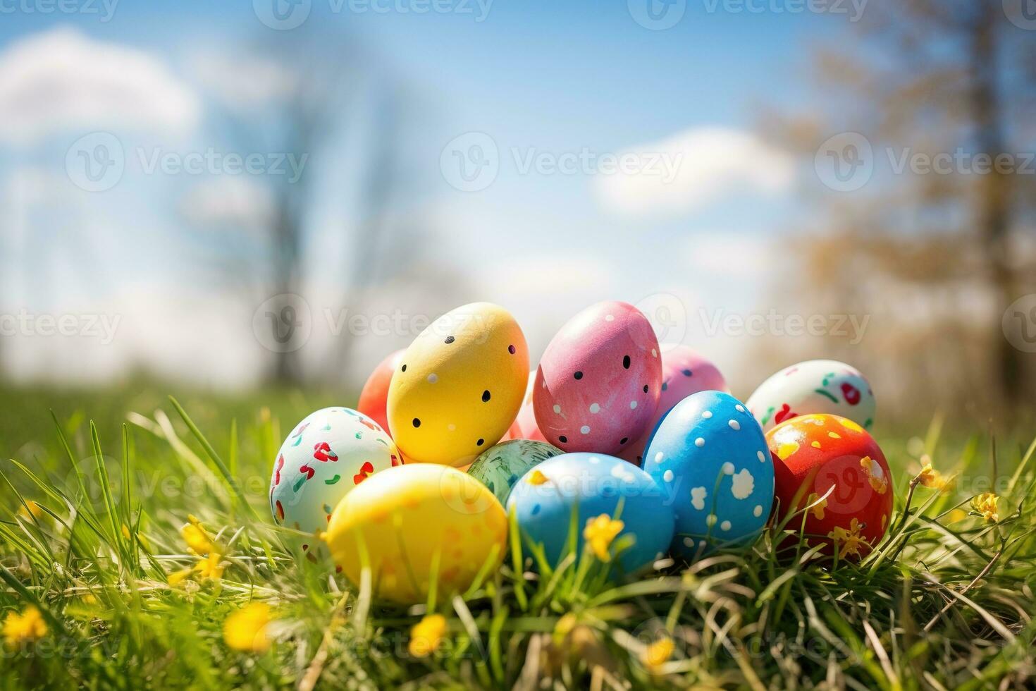 AI generated Colorful easter eggs in grass. Happy easter background. photo