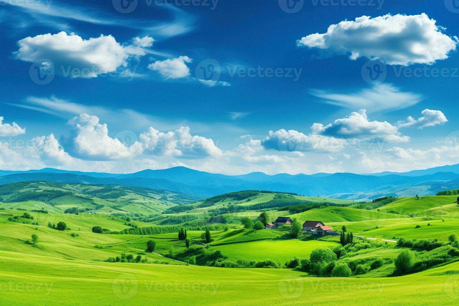 AI generated Beautiful landscape with green meadows and blue sky with clouds. photo