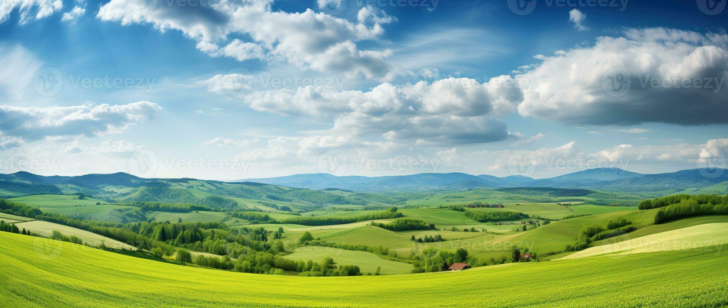 AI generated Beautiful landscape with green meadows and blue sky with clouds. photo