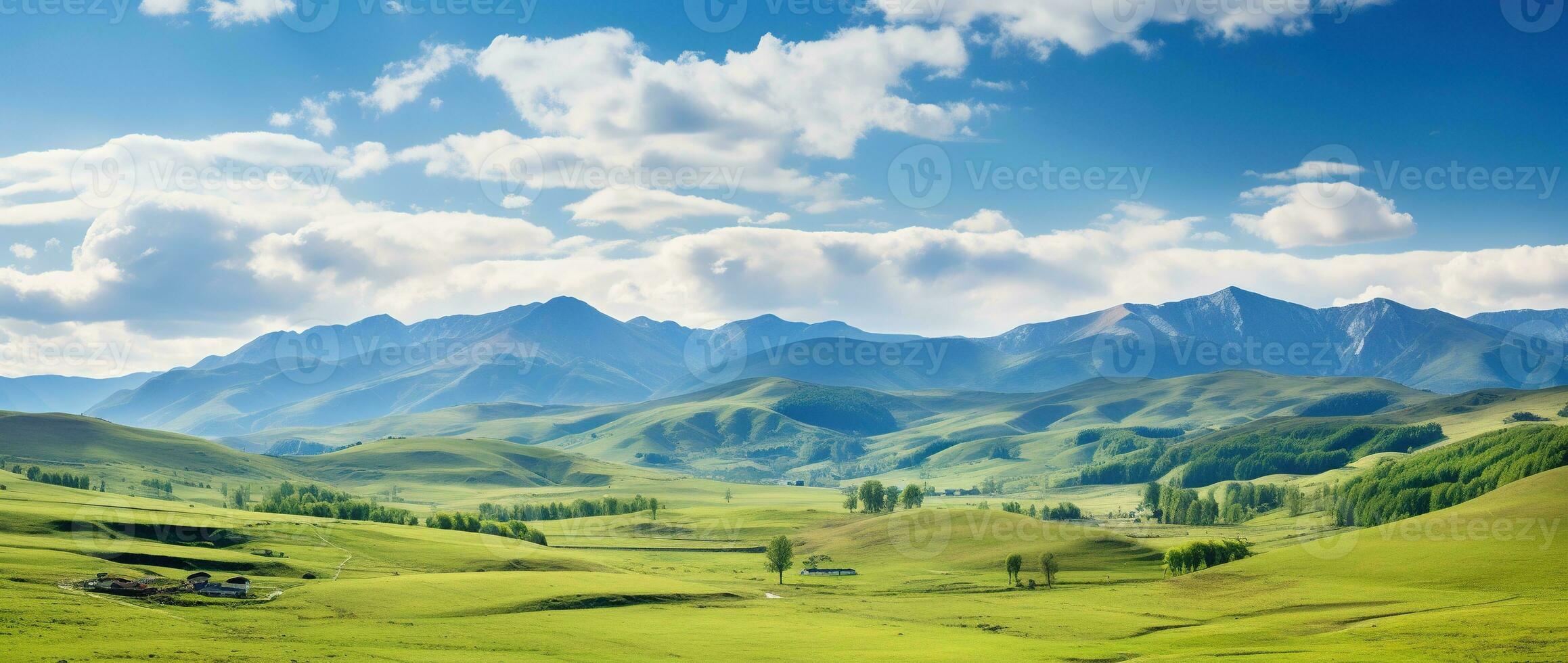 AI generated Beautiful landscape with green meadows and blue sky with clouds. photo