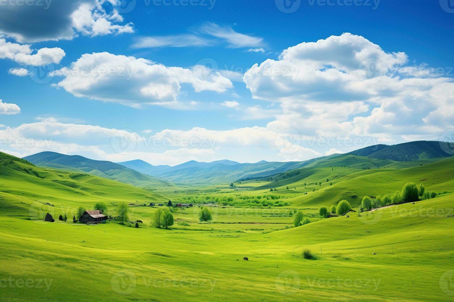 AI generated Beautiful landscape with green meadows and blue sky with clouds. photo