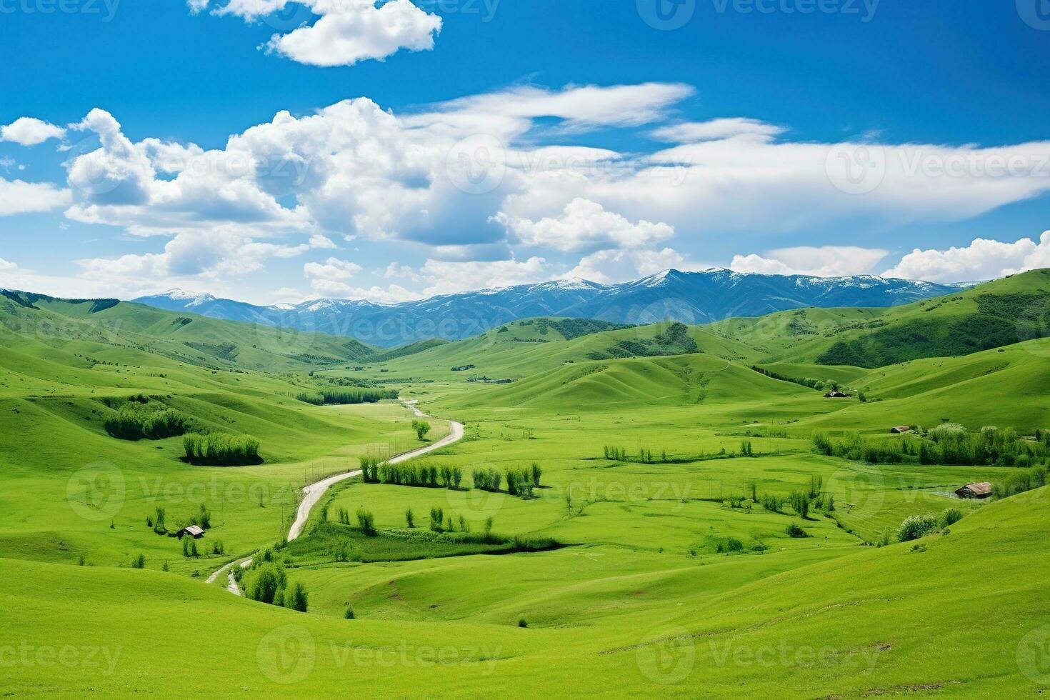 AI generated Beautiful landscape with green meadows and blue sky with clouds. photo