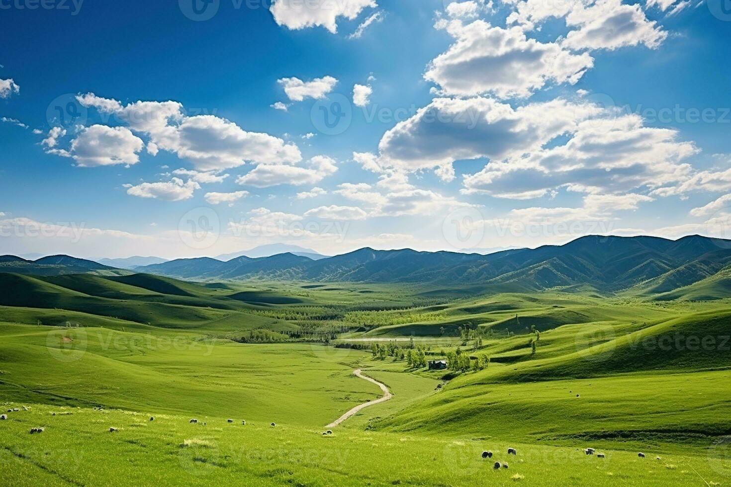 AI generated Beautiful landscape with green meadows and blue sky with clouds. photo