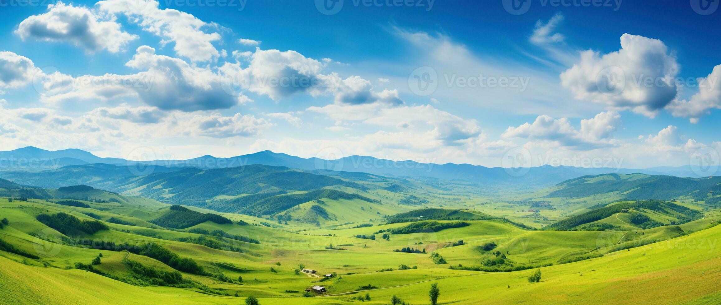 AI generated Beautiful landscape with green meadows and blue sky with clouds. photo