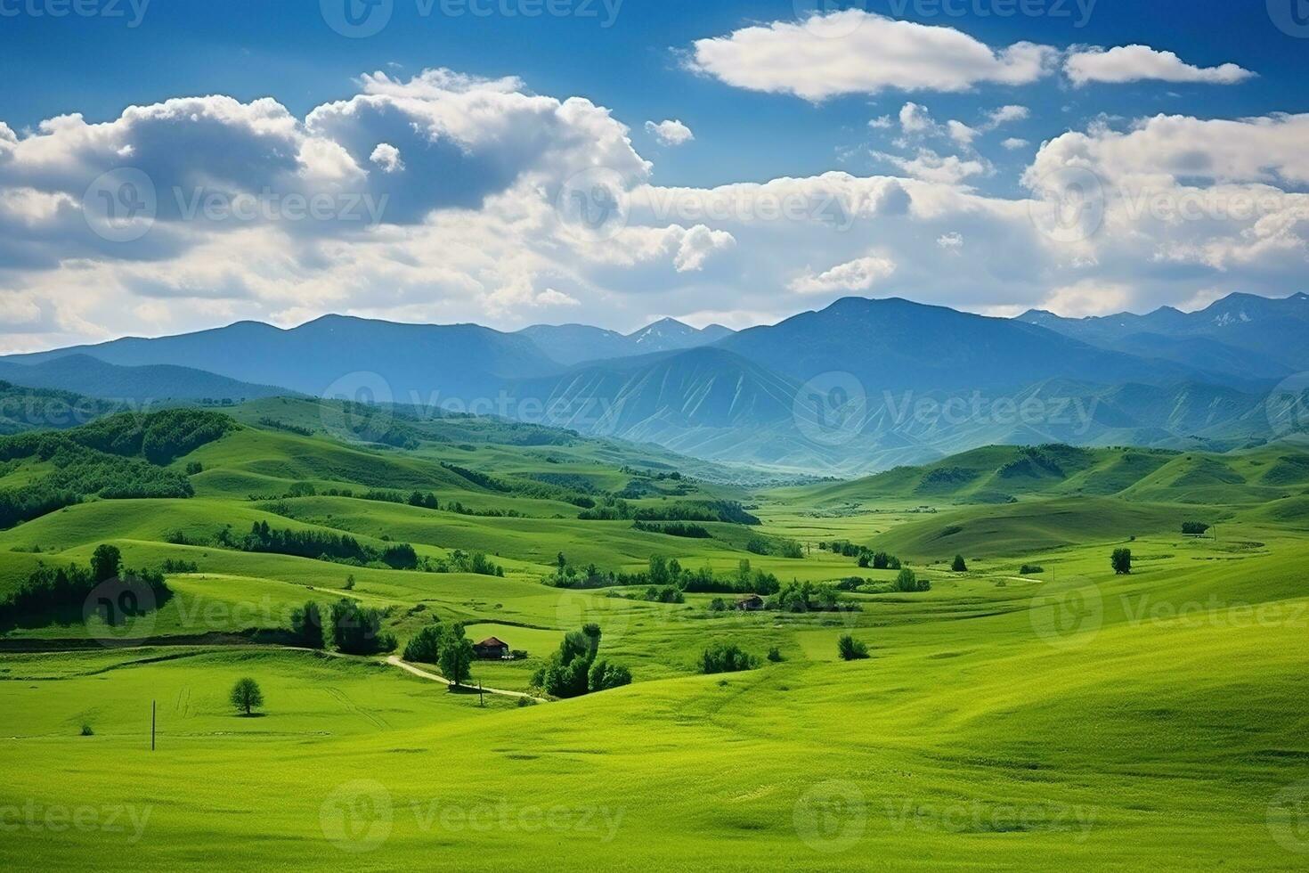 AI generated Beautiful landscape with green meadows and blue sky with clouds. photo