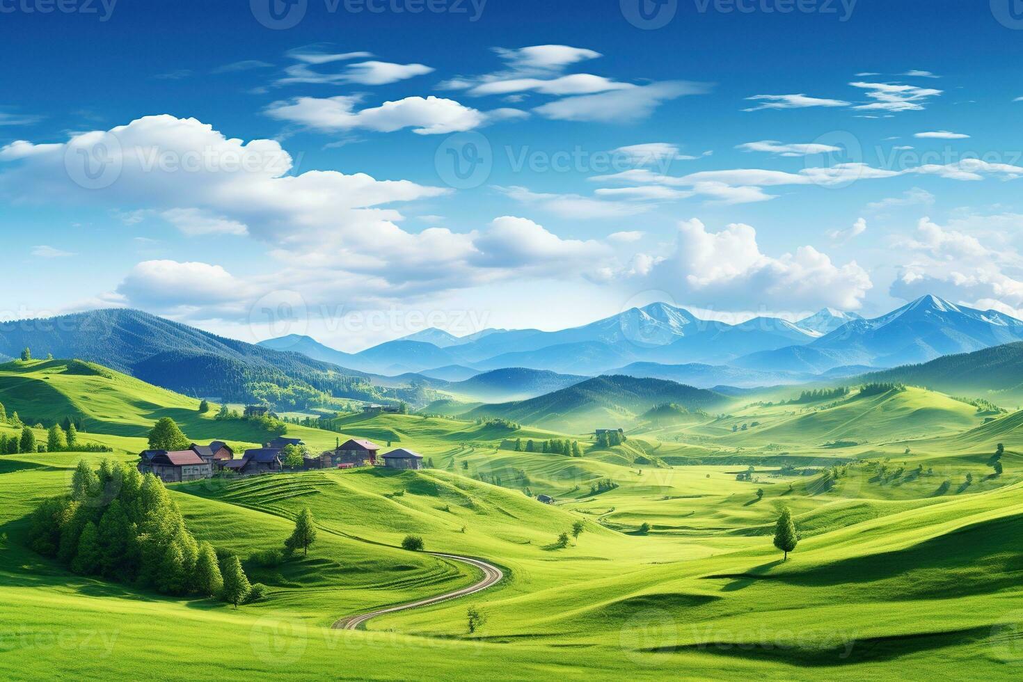 AI generated Beautiful landscape with green meadows and blue sky with clouds. photo