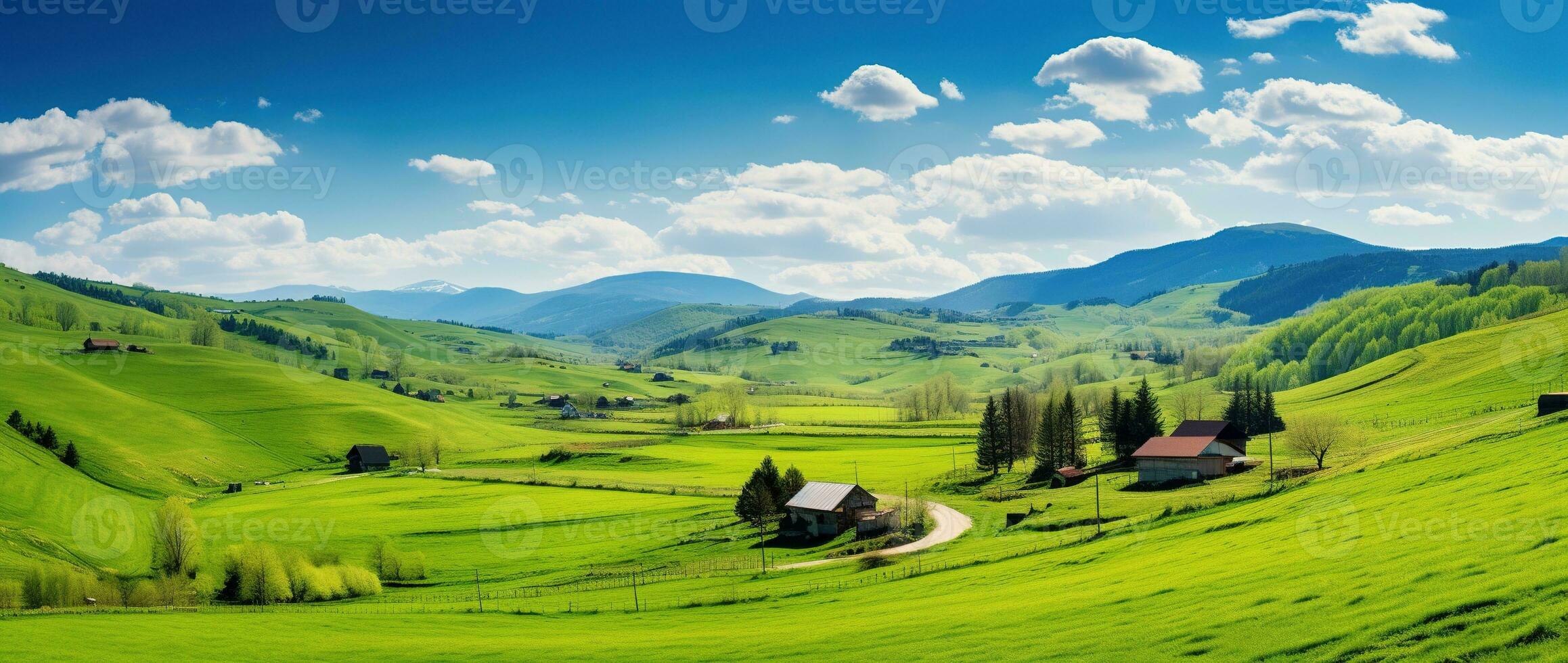 ai generado hermosa paisaje con verde prados y azul cielo con nubes foto