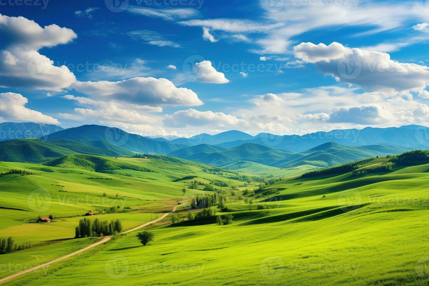 ai generado hermosa paisaje con verde prados y azul cielo con nubes foto