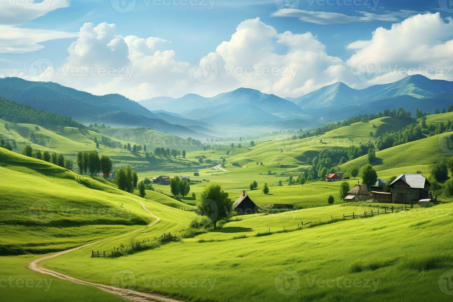 AI generated Beautiful landscape with green meadows and blue sky with clouds. photo