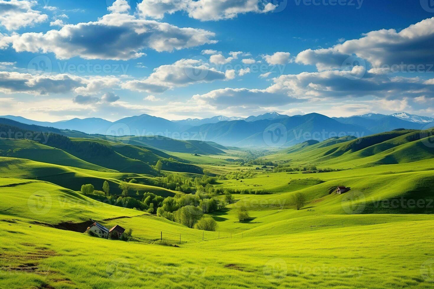 AI generated Beautiful landscape with green meadows and blue sky with clouds. photo