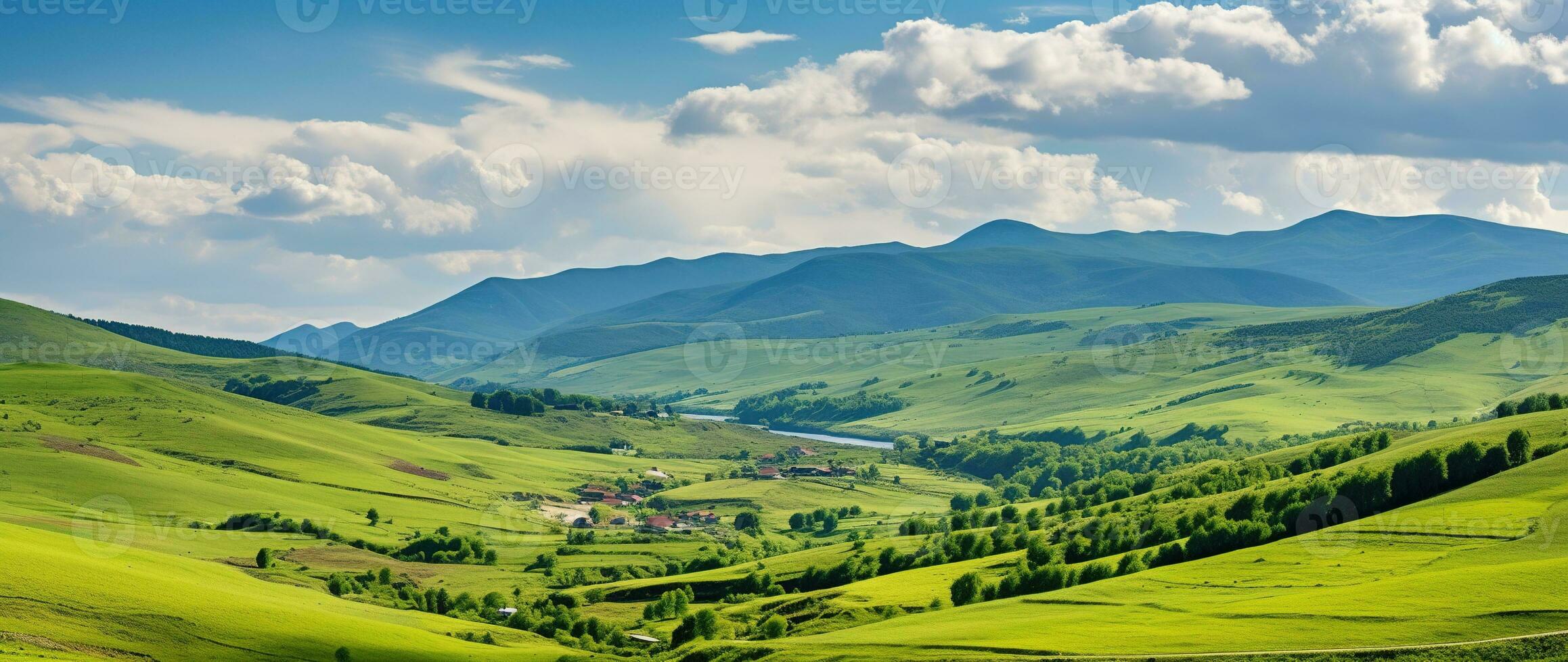 ai generado hermosa paisaje con verde prados y azul cielo con nubes foto