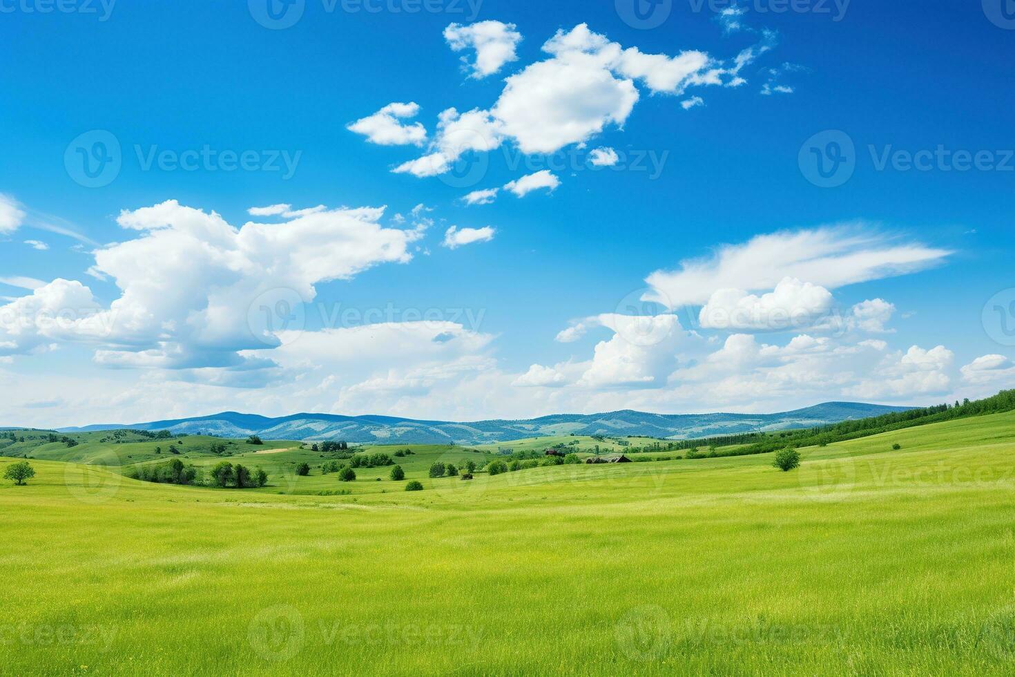 AI generated Beautiful landscape with green meadows and blue sky with clouds. photo