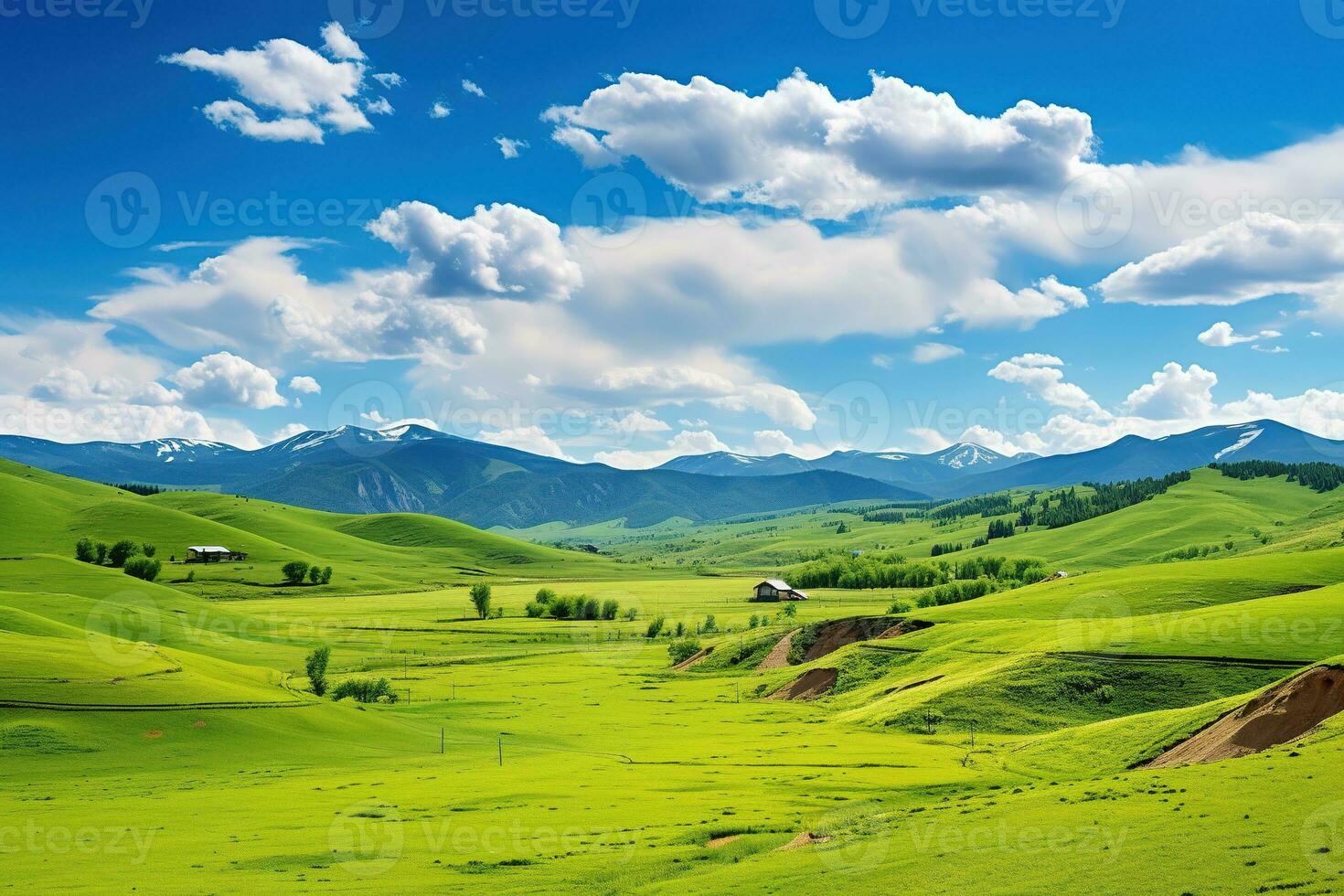AI generated Beautiful landscape with green meadows and blue sky with clouds. photo