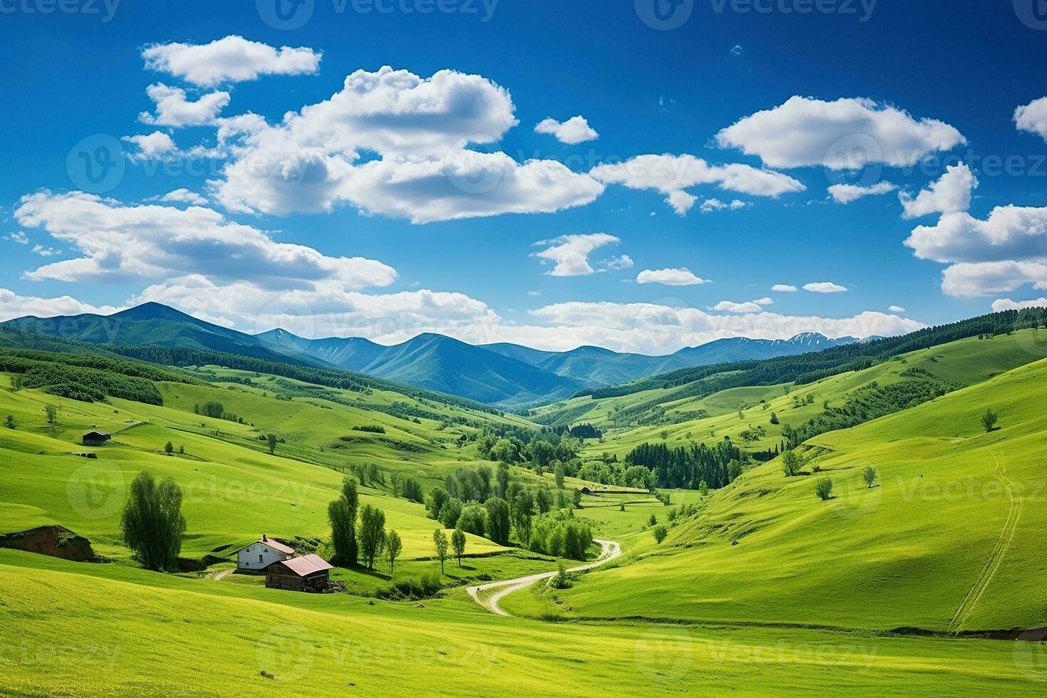 ai generado hermosa paisaje con verde prados y azul cielo con nubes foto