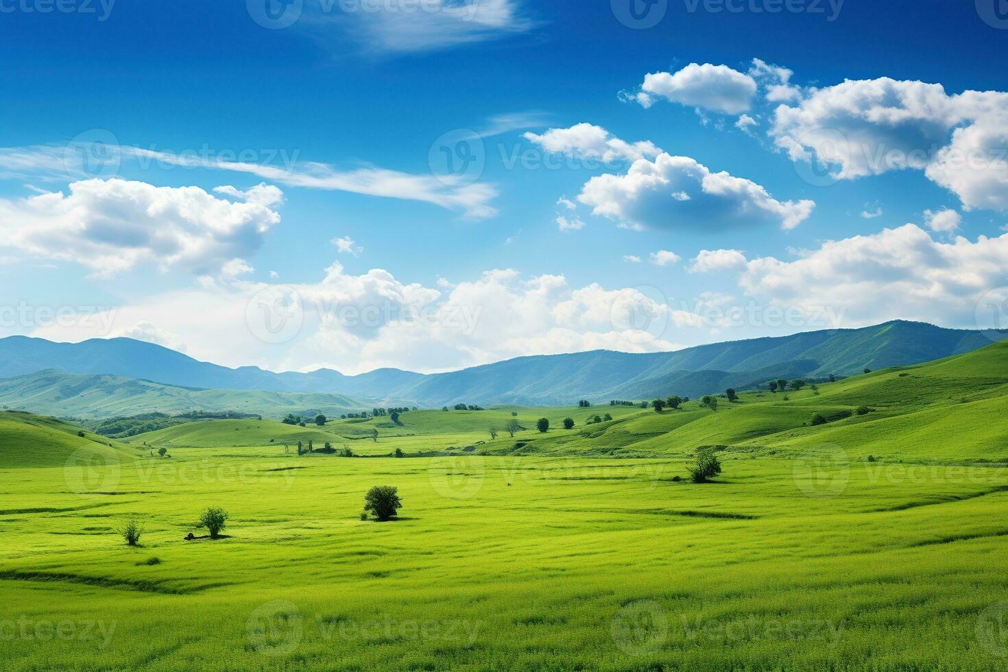AI generated Beautiful landscape with green meadows and blue sky with clouds. photo