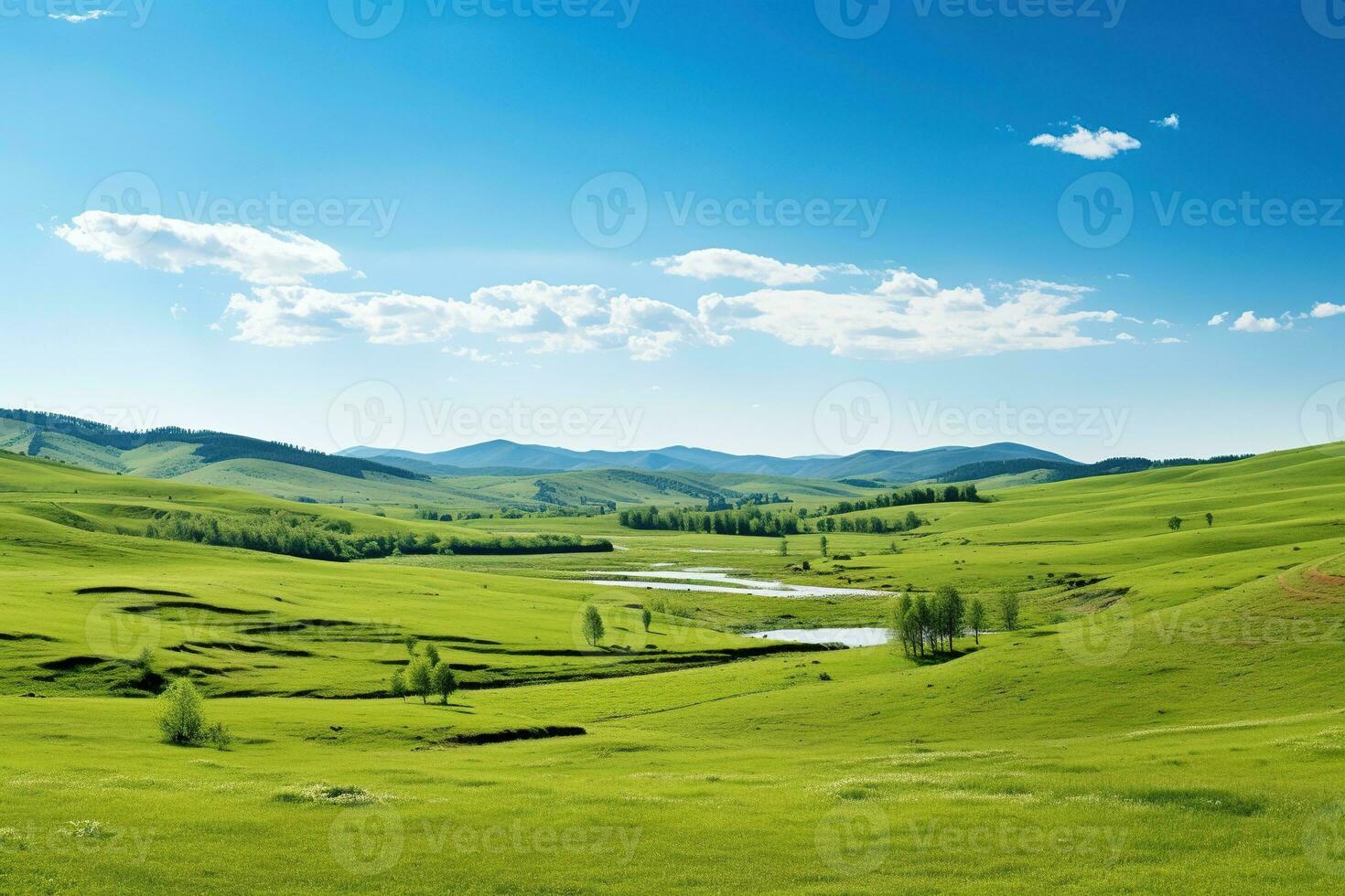 AI generated Beautiful landscape with green meadows and blue sky with clouds. photo