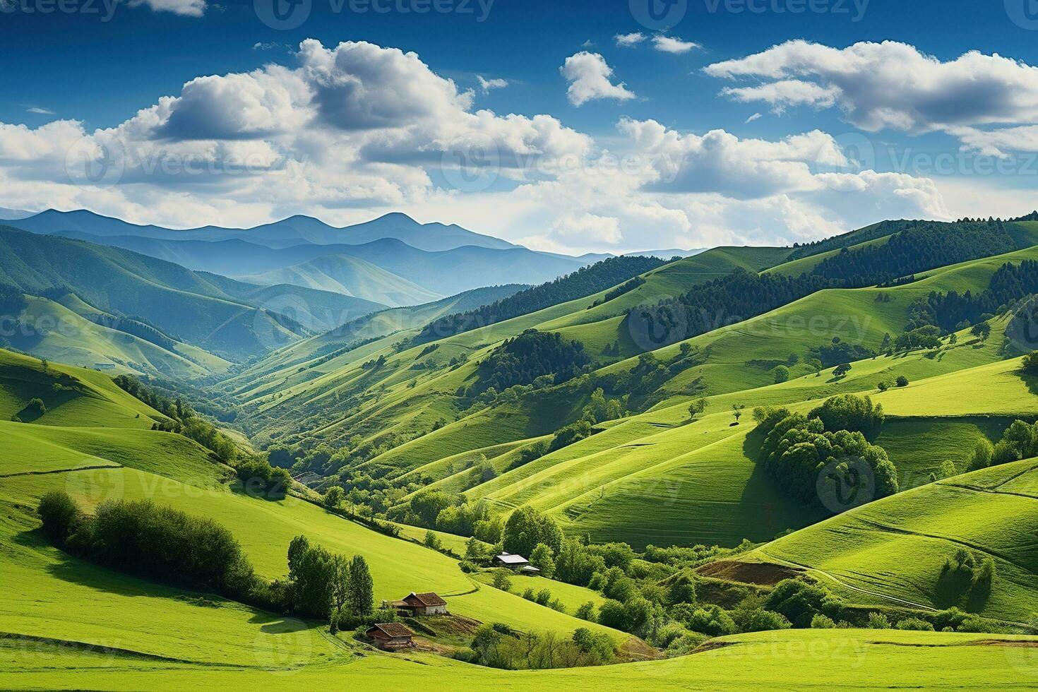 ai generado hermosa paisaje con verde prados y azul cielo con nubes foto