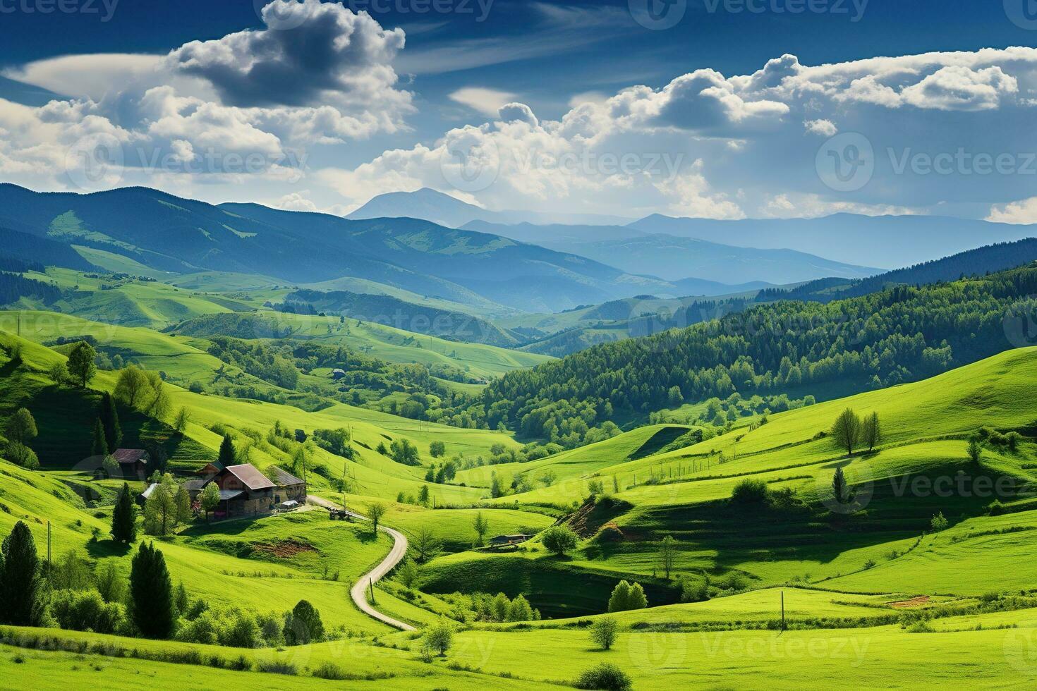 AI generated Beautiful landscape with green meadows and blue sky with clouds. photo
