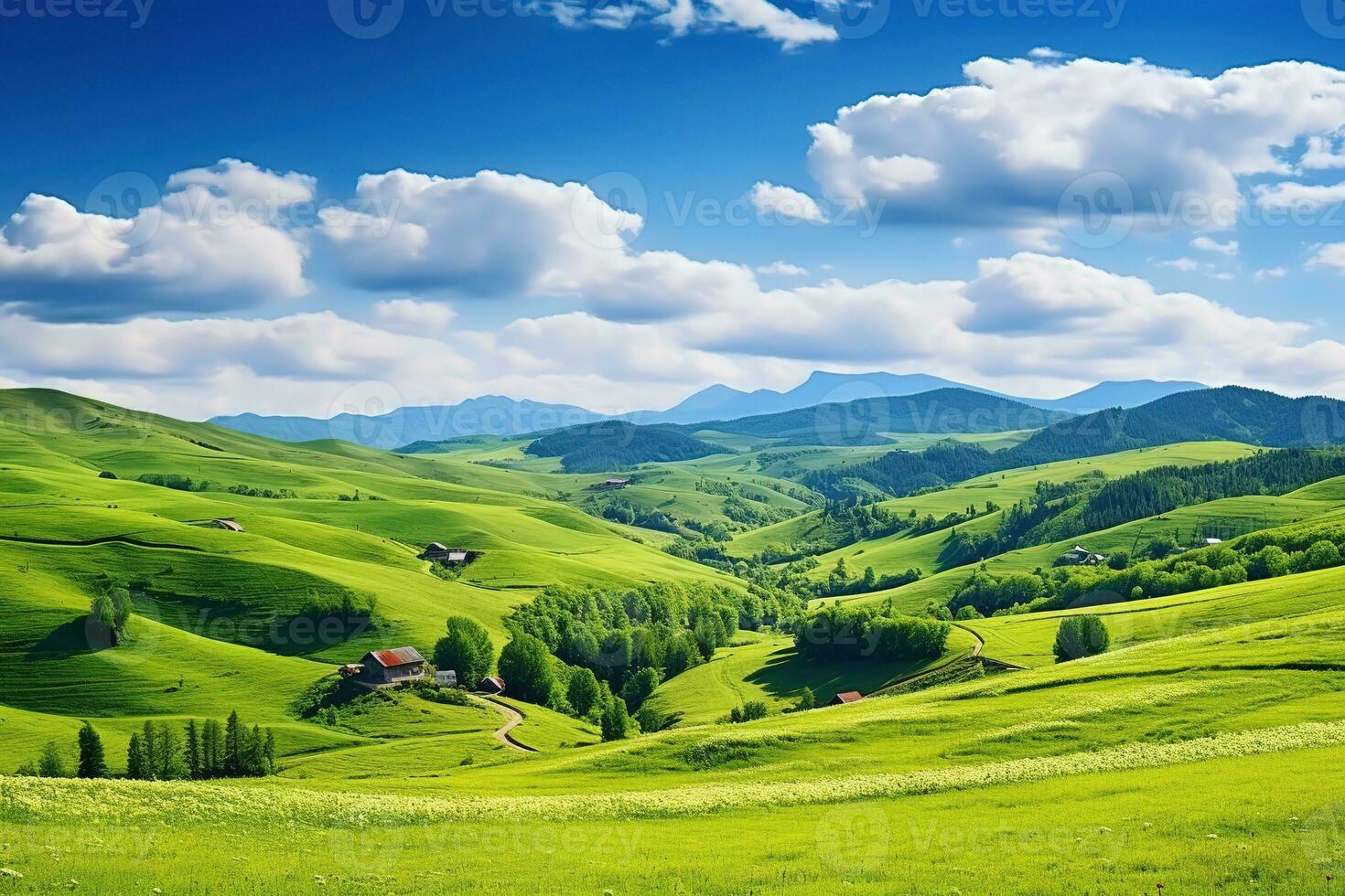 ai generado hermosa paisaje con verde prados y azul cielo con nubes foto