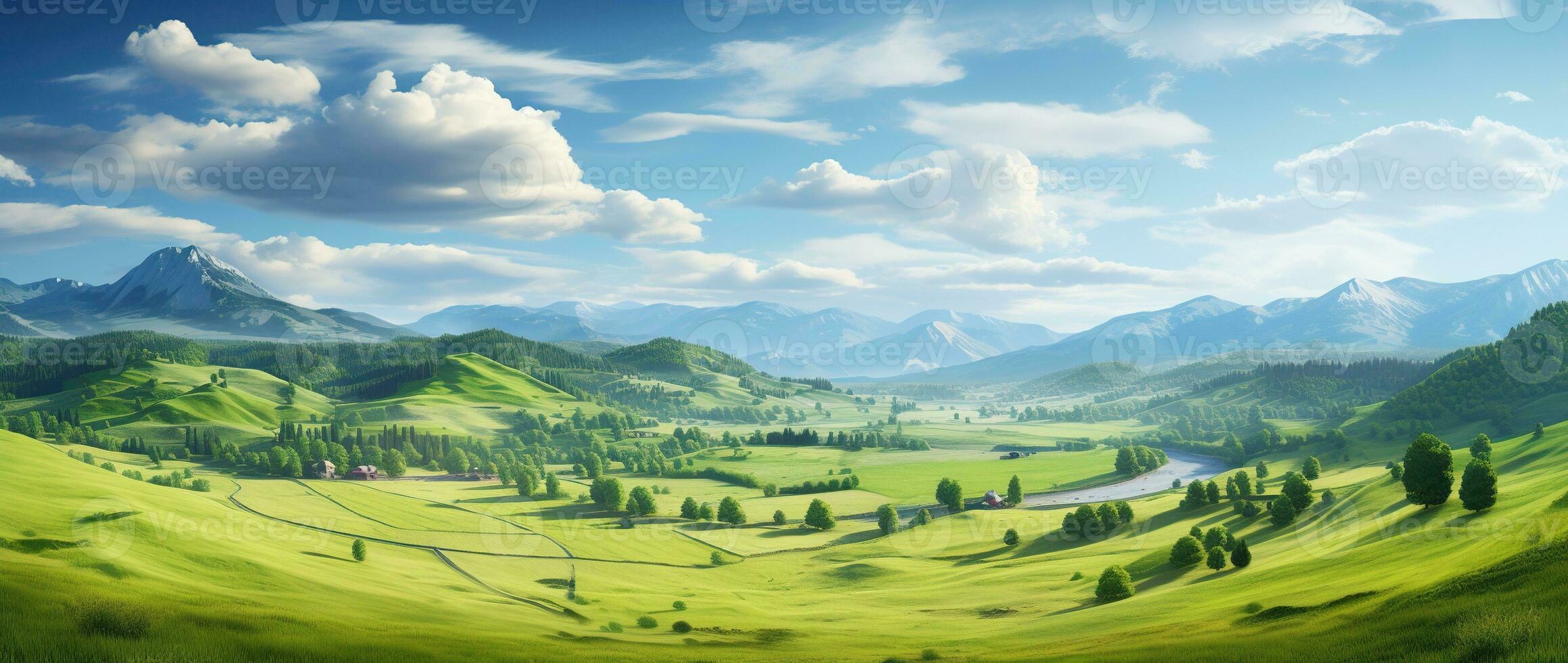 AI generated Beautiful landscape with green meadows and blue sky with clouds. photo