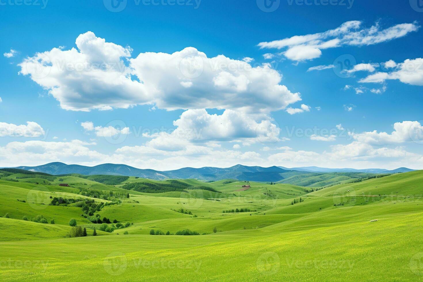 ai generado hermosa paisaje con verde prados y azul cielo con nubes foto