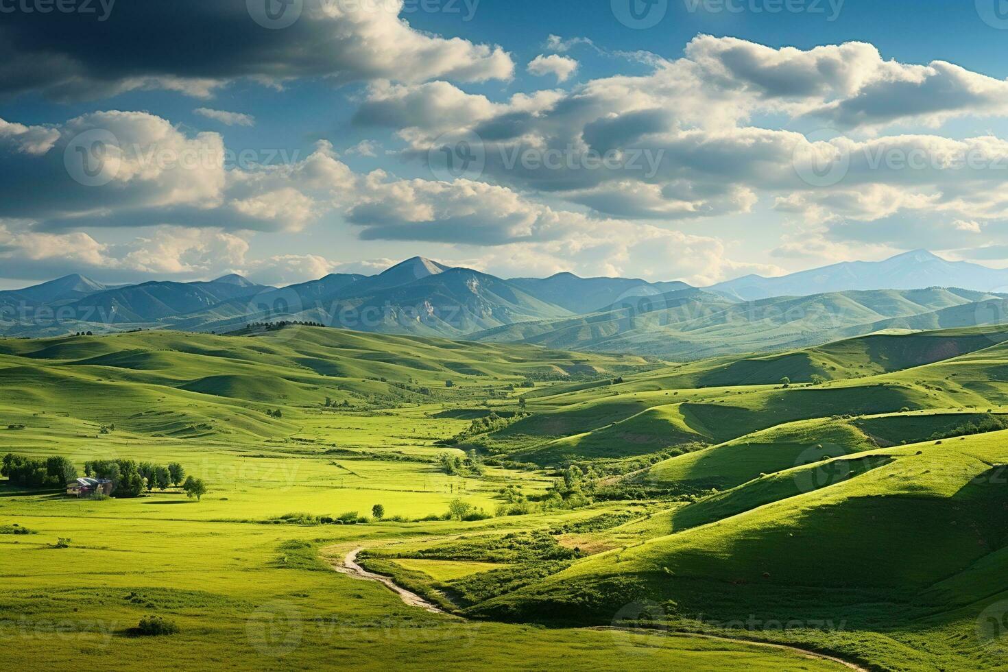 ai generado hermosa paisaje con verde prados y azul cielo con nubes foto