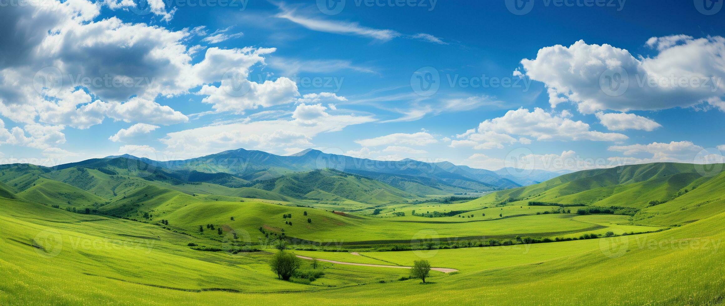 ai generado hermosa paisaje con verde prados y azul cielo con nubes foto