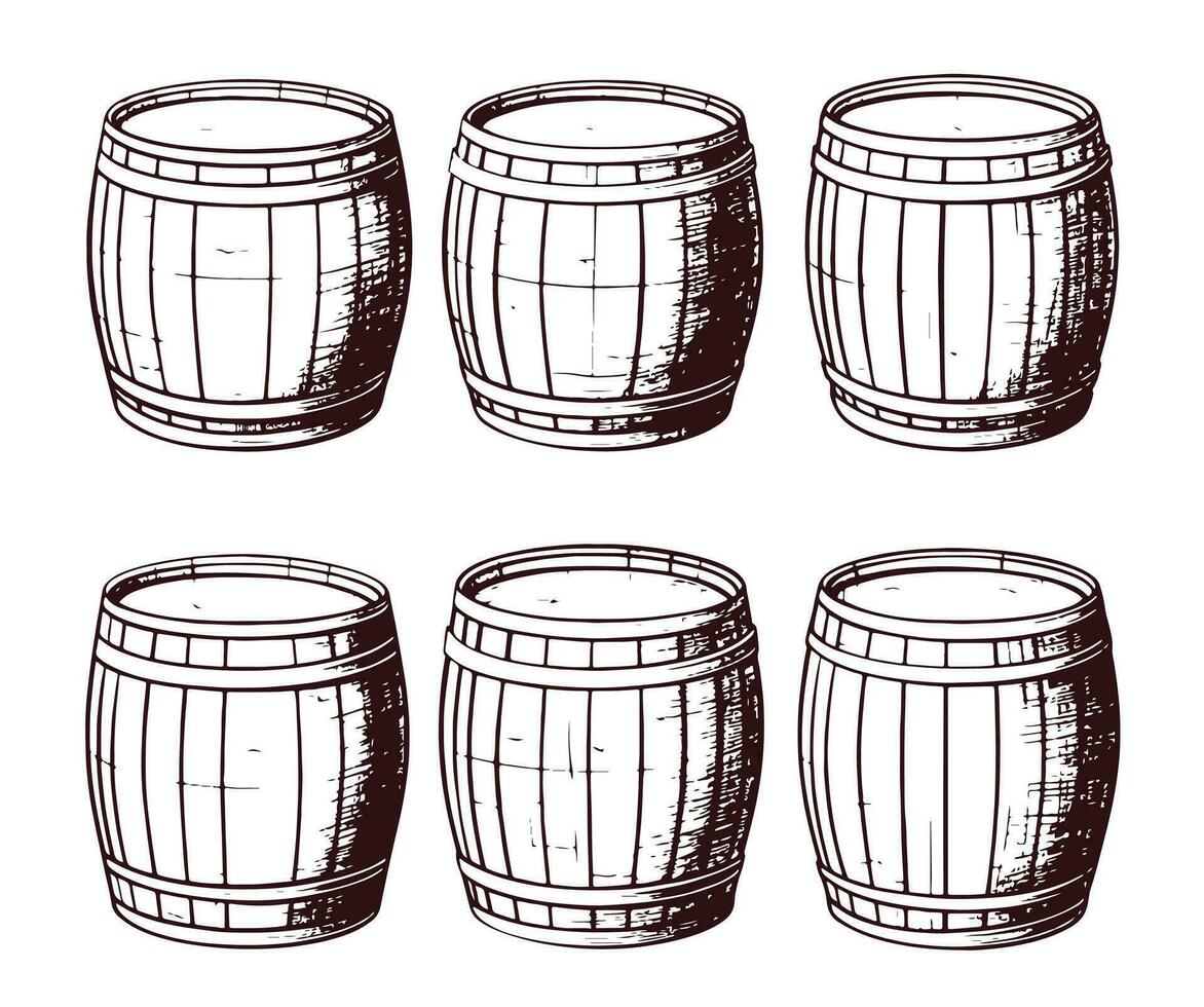 Wooden barrels vintage icons set. Vector hand drawn sketch illustration.