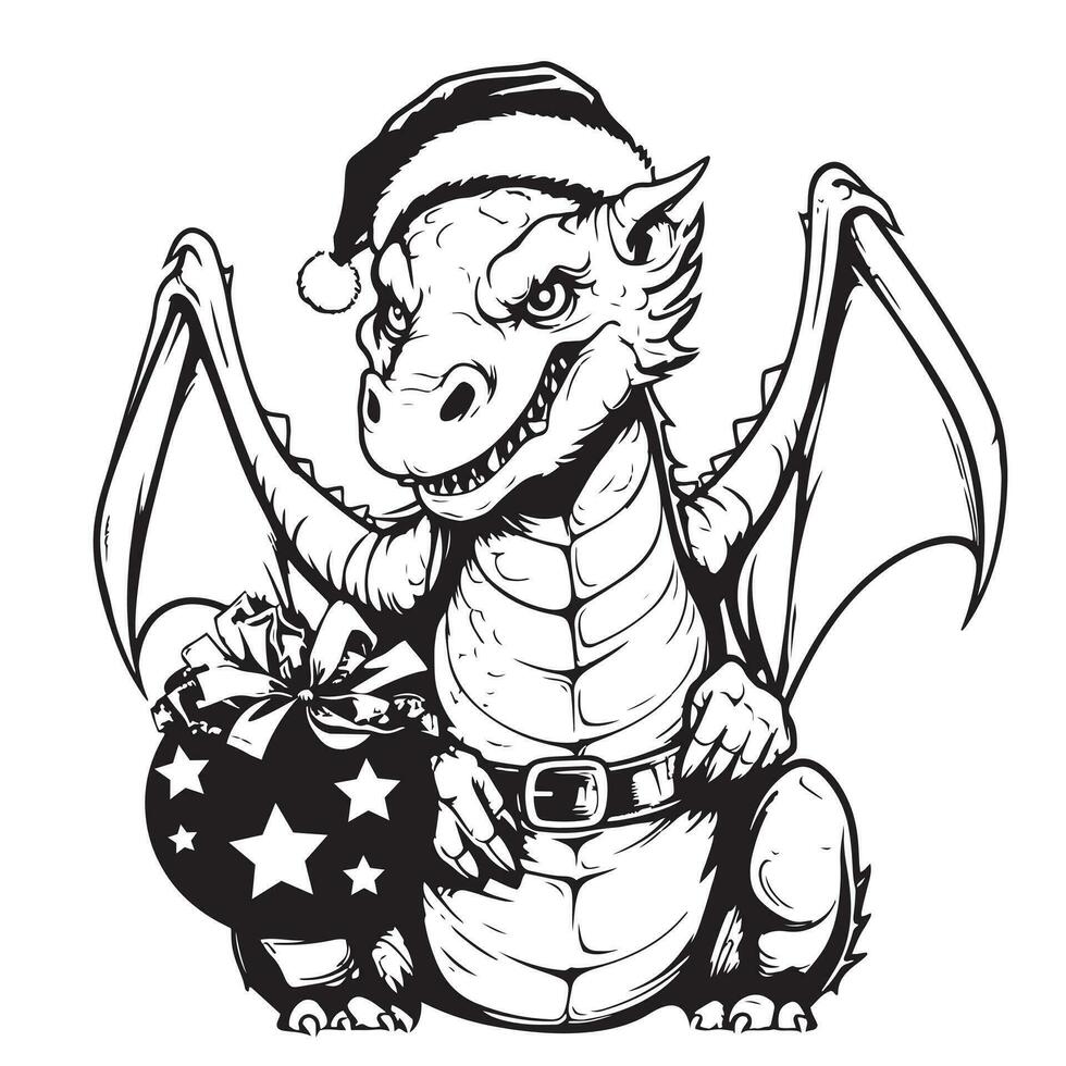 A cute cartoon dragon in a Santa hat is holding a Christmas present. vector