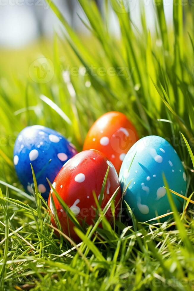 AI generated Colorful easter eggs in grass. Happy easter background. photo