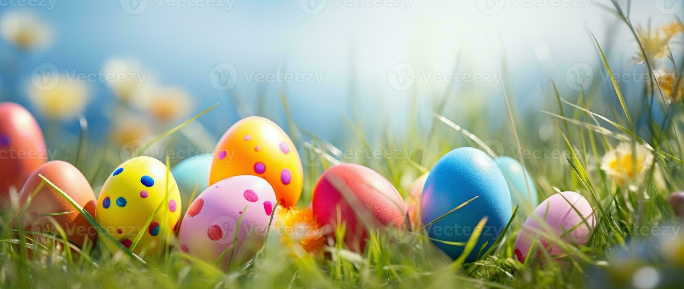 AI generated Colorful easter eggs in grass. Happy easter background. photo