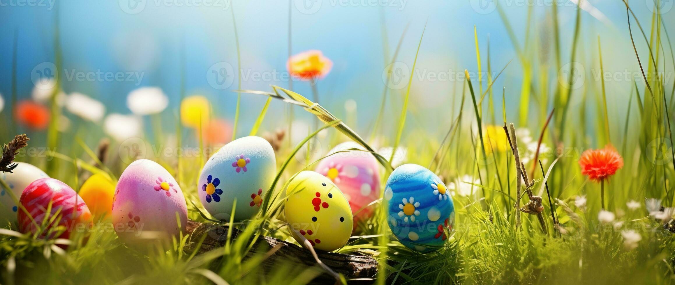 AI generated Colorful easter eggs in grass. Happy easter background. photo