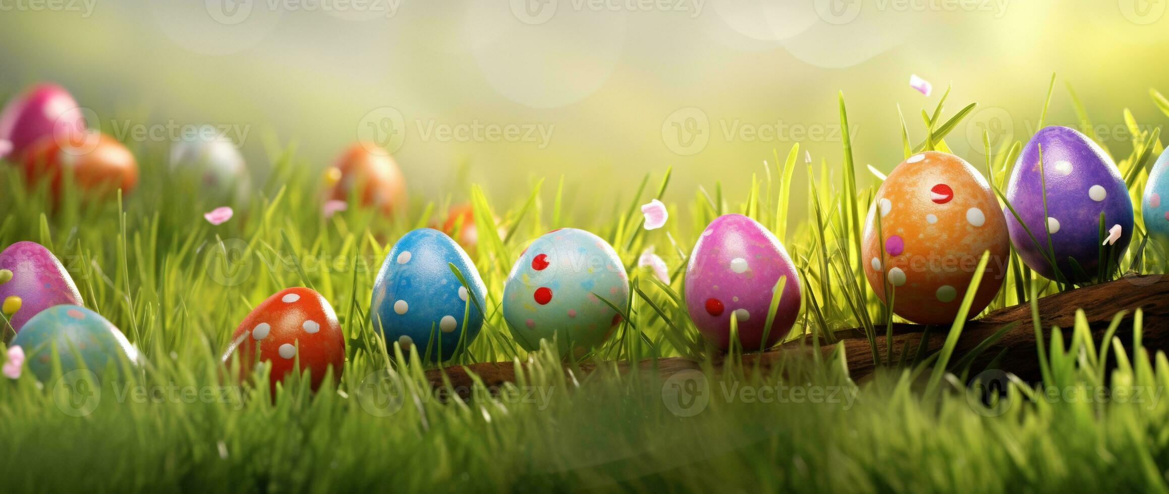 AI generated Colorful easter eggs in grass. Happy easter background. photo