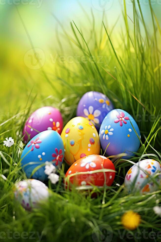 AI generated Colorful easter eggs in grass. Happy easter background. photo