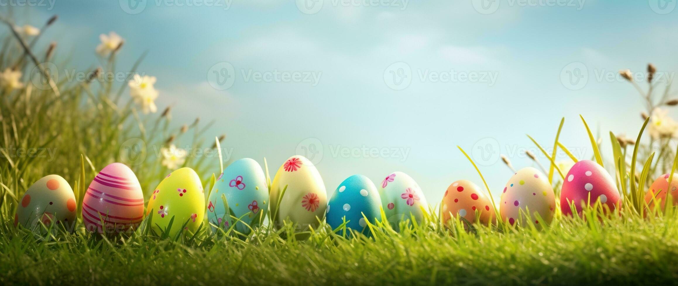 AI generated Colorful easter eggs in grass. Happy easter background. photo