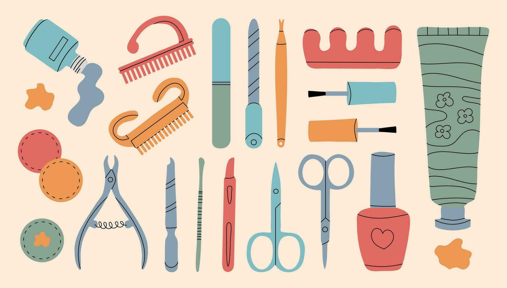 Vector set of manicure tools. Various manicure accessories. Nail scissors, nail file, tweezers, nail polish, hand cream, polish remover, brush etc. Hand-drawn style. All elements are isolated.