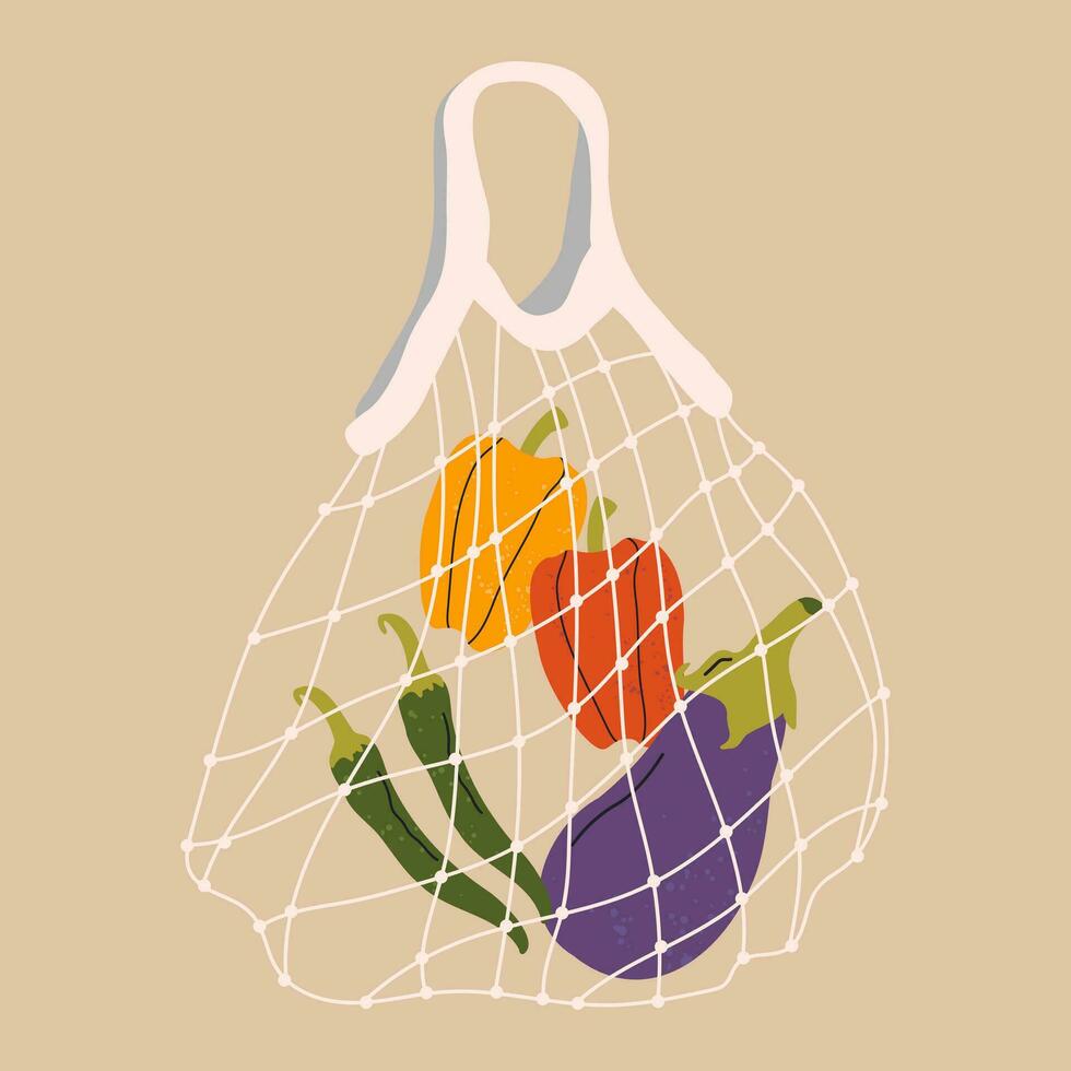 Eco friendly shopping mesh bags with various vegetables, red pepper and eggplant. Various things from the local market. Colored vector illustration. Cartoon style. Zero waste, plastic free concept