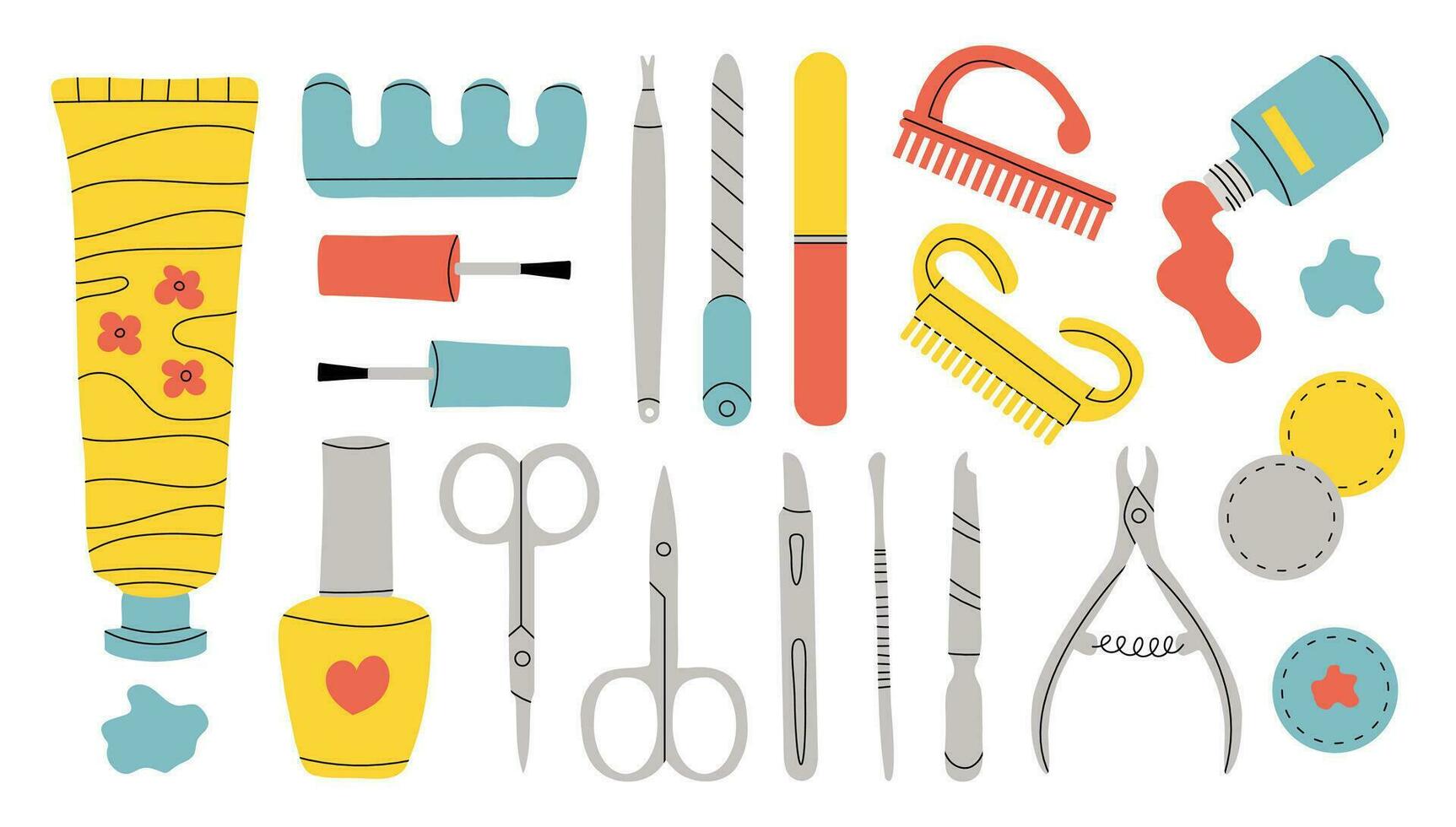 Vector set of manicure tools. Various manicure accessories. Nail scissors, nail file, tweezers, nail polish, hand cream, polish remover, brush etc. Hand-drawn style. All elements are isolated.