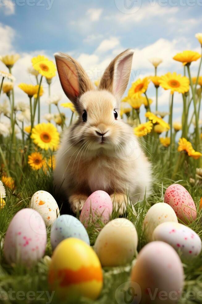 AI generated Easter bunny and colorful eggs on green grass with flowers background. photo