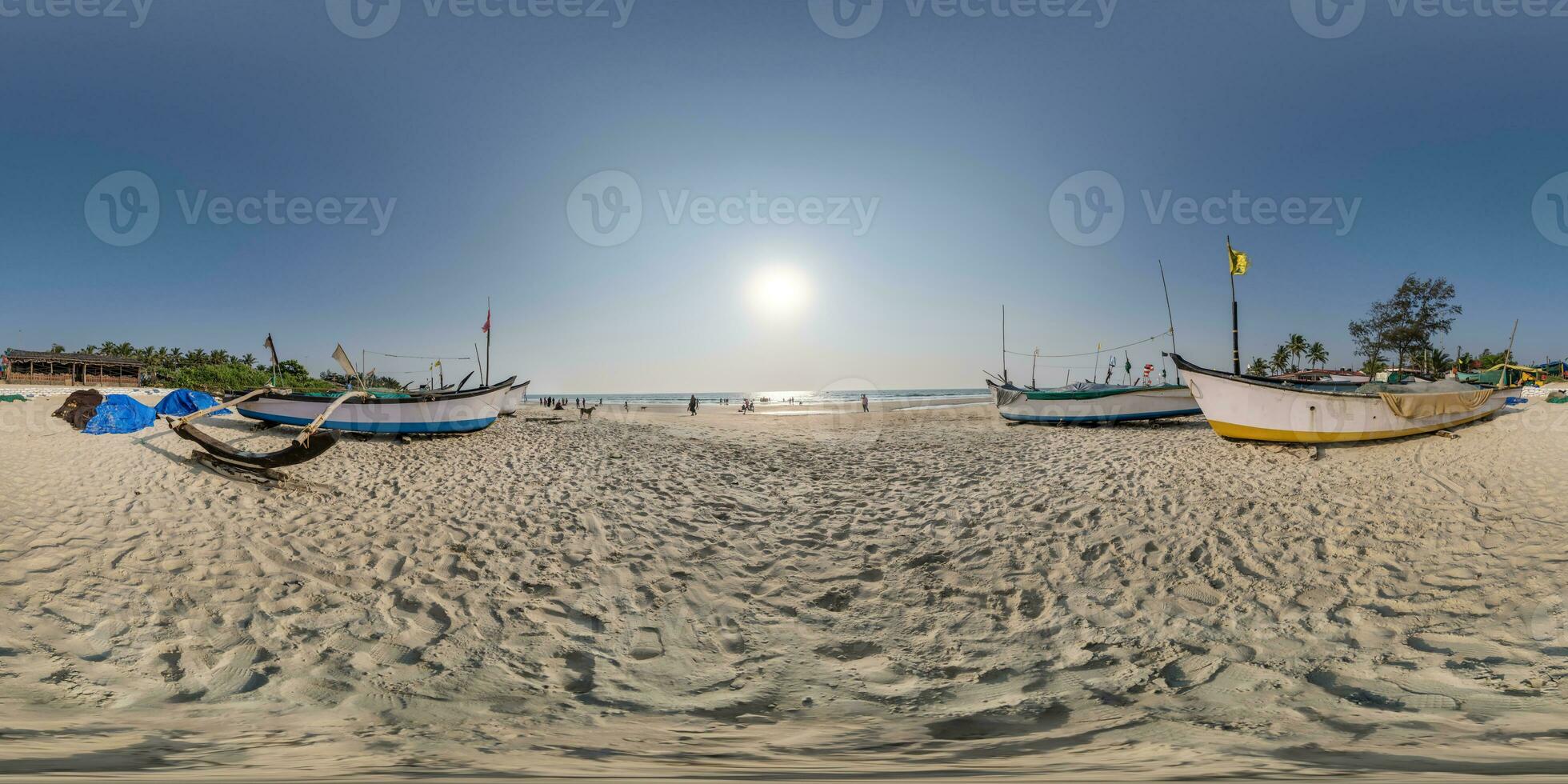 360 hdri panorama near old fishing boats in the sand on the ocean in equirectangular spherical seamless projection photo