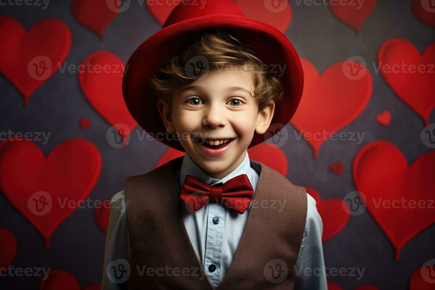 AI generated Happy little boy with red hearts on Valentine's Day. photo