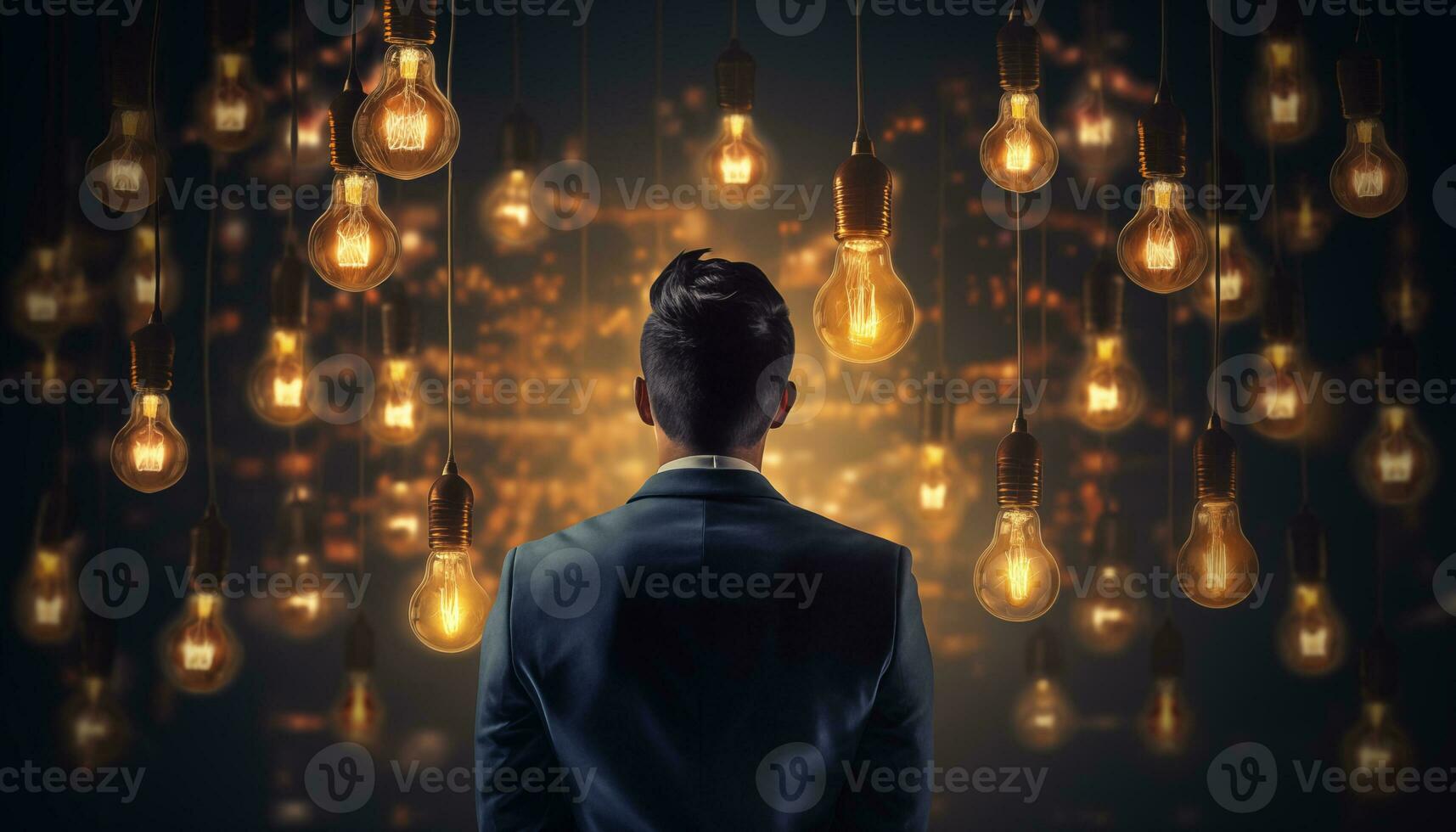 AI generated Businessman with bright light bulb. thinking innovation concept photo