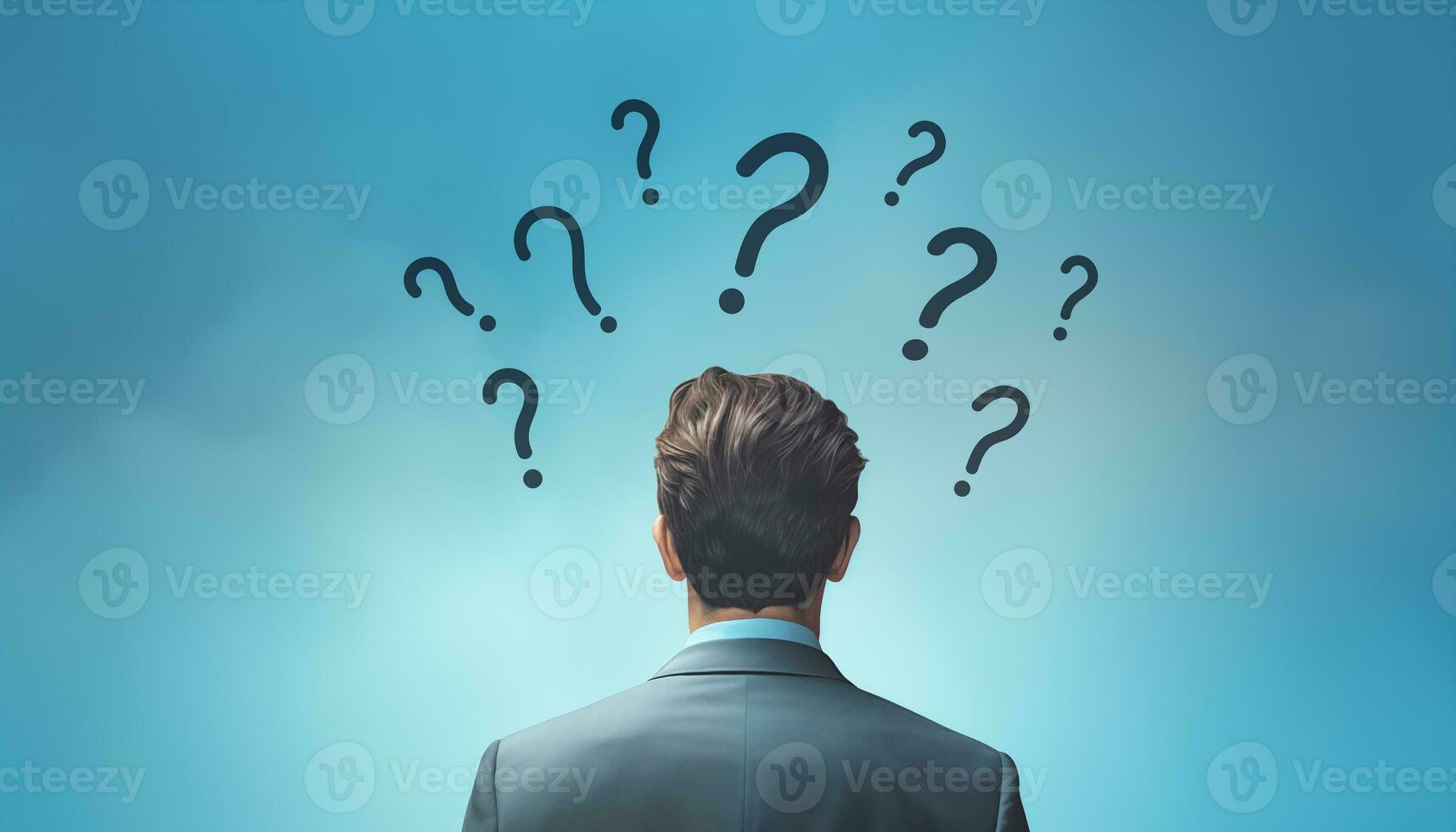 AI generated Businessman thinking with many question mark in background photo