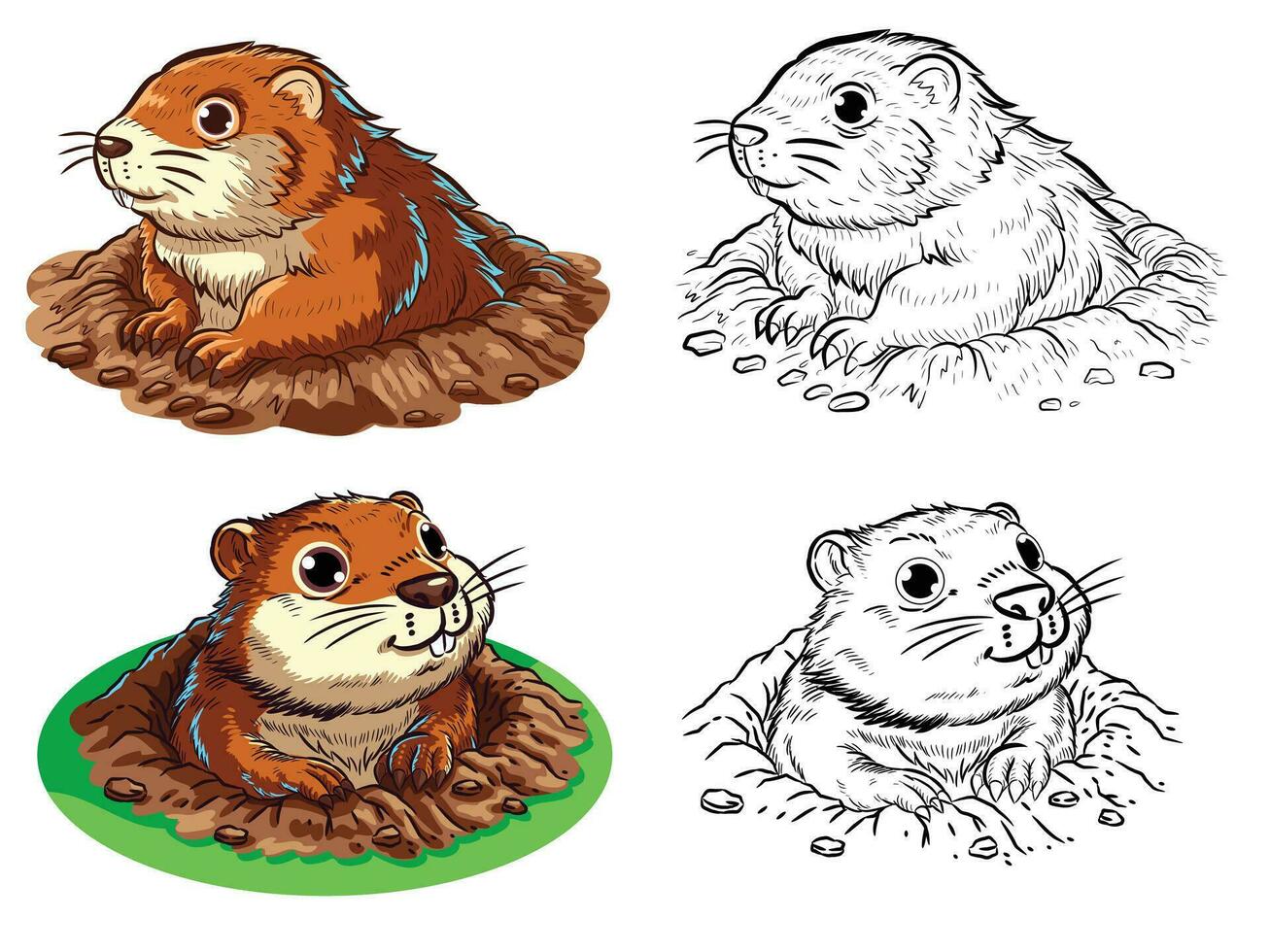 Groundhog hand draw full color and Black and white line art semi cartoon style illustration for concept Groundhog day and decorate greeting card. vector