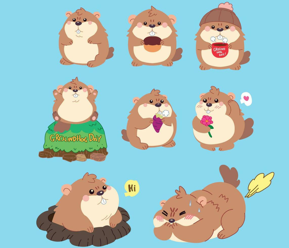 Groundhog hand draw full-color cartoon style illustration set for the concept of Groundhog Day and decorate greeting card. vector