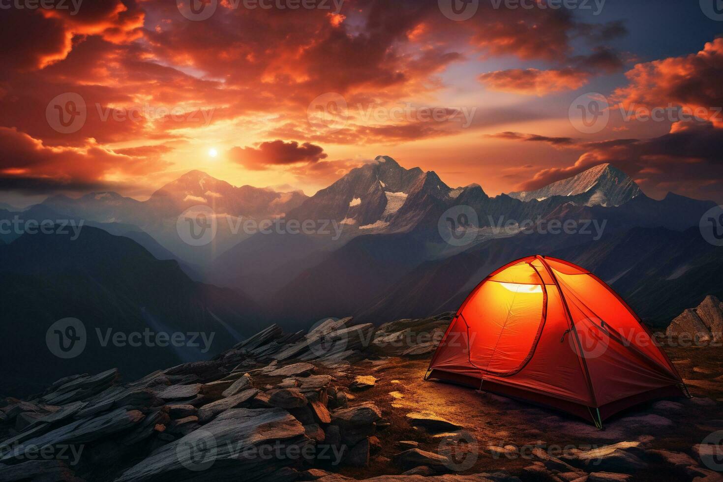 AI generated Tent in the mountains at sunset. Beautiful summer landscape with a tent. photo