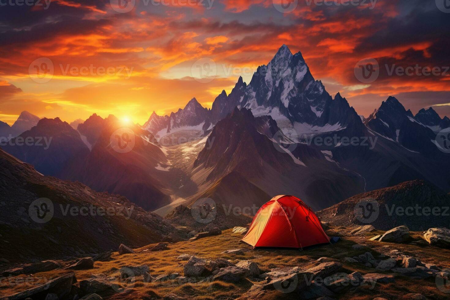 AI generated Tent in the mountains at sunset. Beautiful summer landscape with a tent. photo