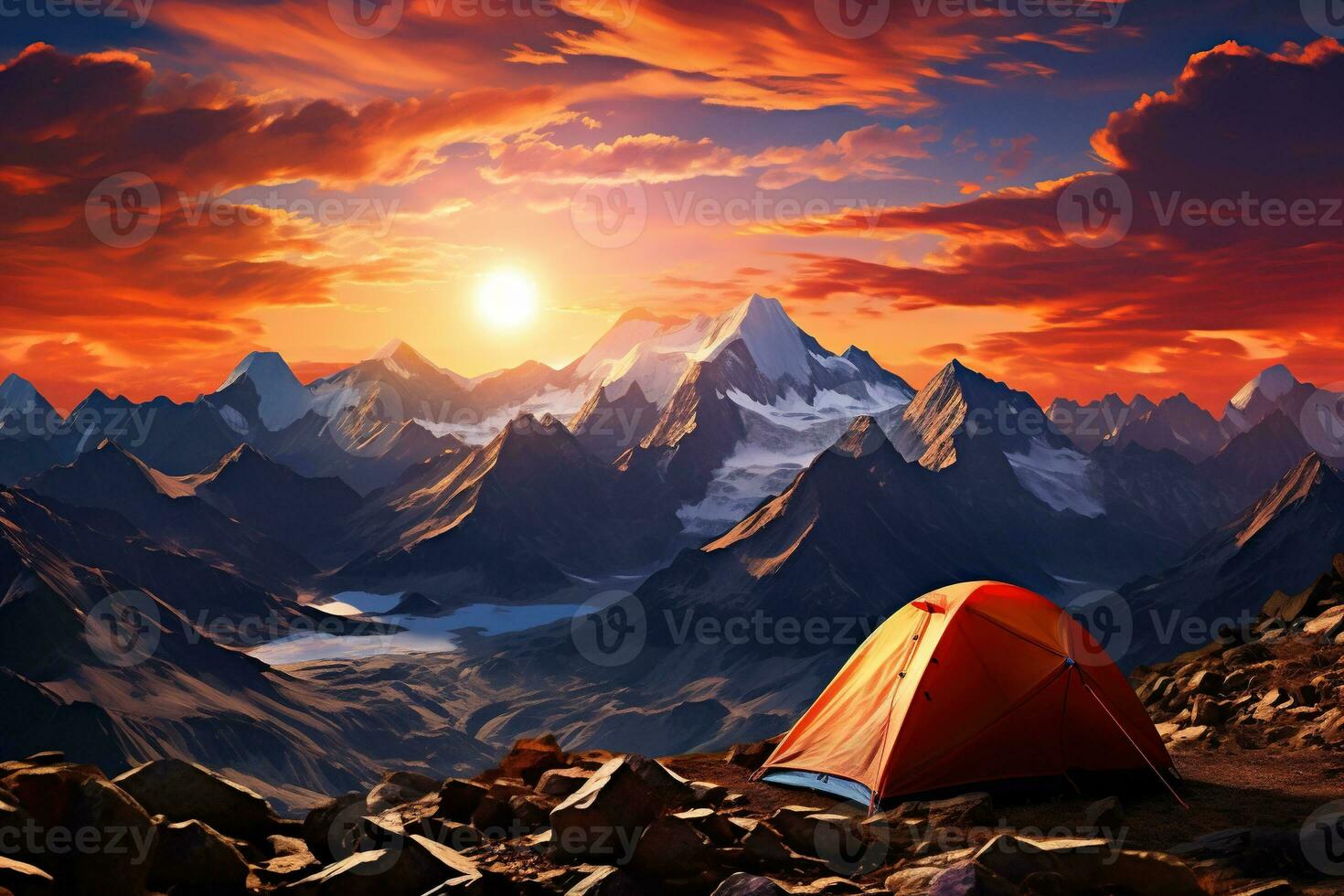 AI generated Tent in the mountains at sunset. Beautiful summer landscape with a tent. photo