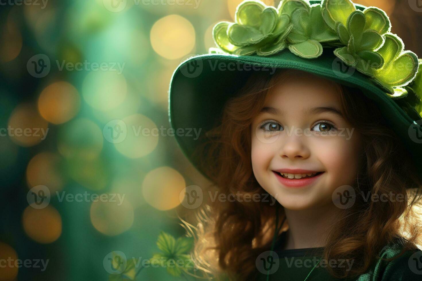 AI generated Portrait of a beautiful little girl in a green hat.St. Patrick's Day Concept photo