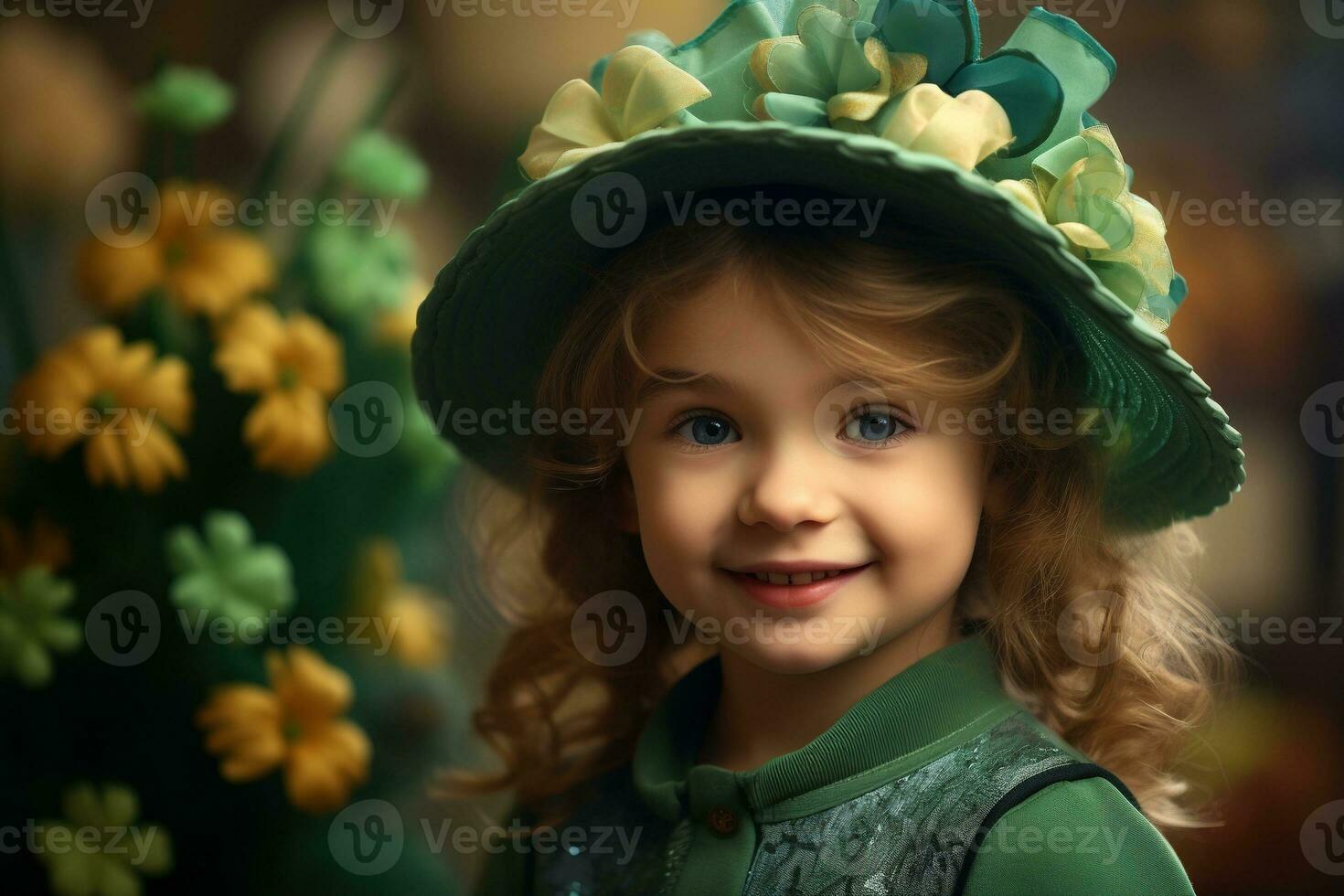 AI generated Portrait of a beautiful little girl in a green hat.St. Patrick's Day Concept photo